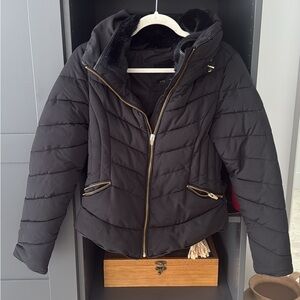 Zara Black Puffer Jacket with Gold Accents